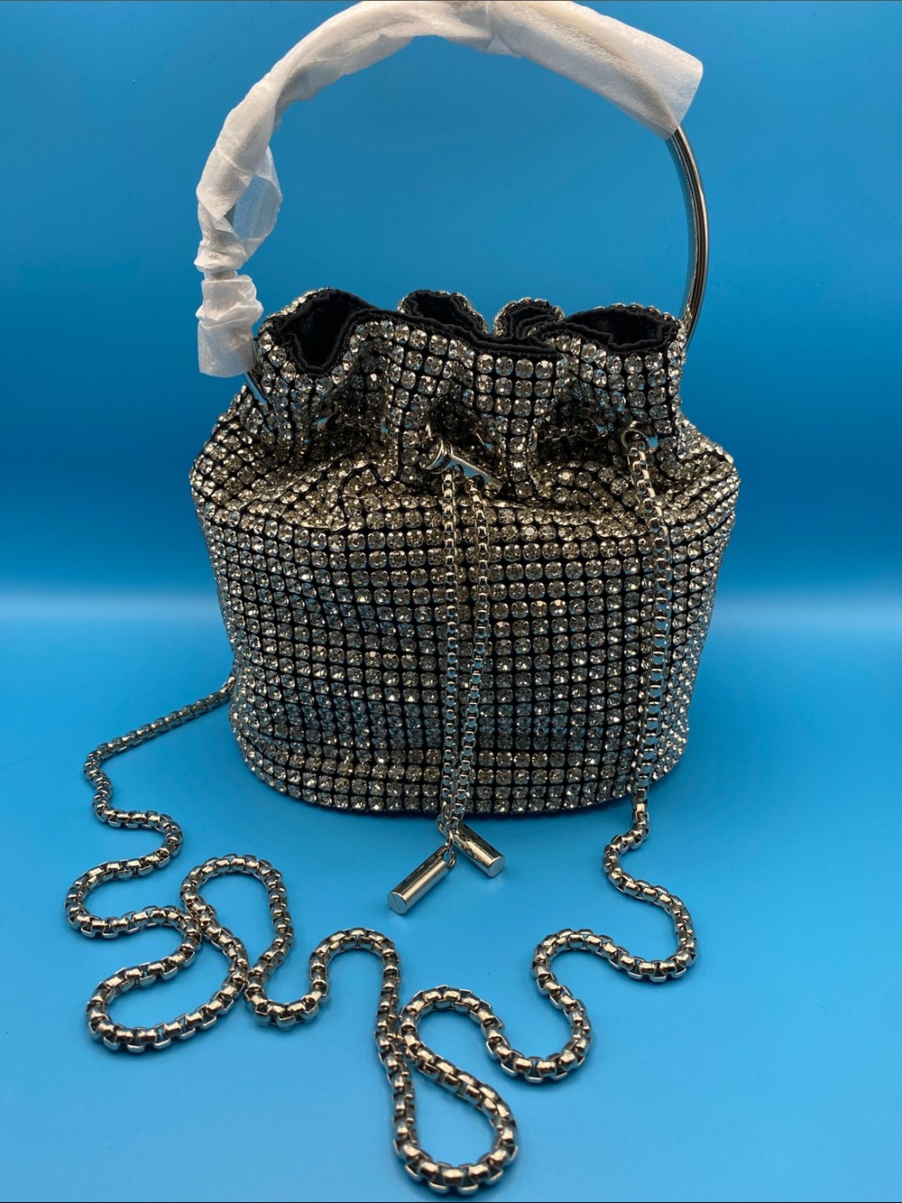 Gorgeous Rhinestone and Silver Tone Bucket Drawstring Shoulder Bag
